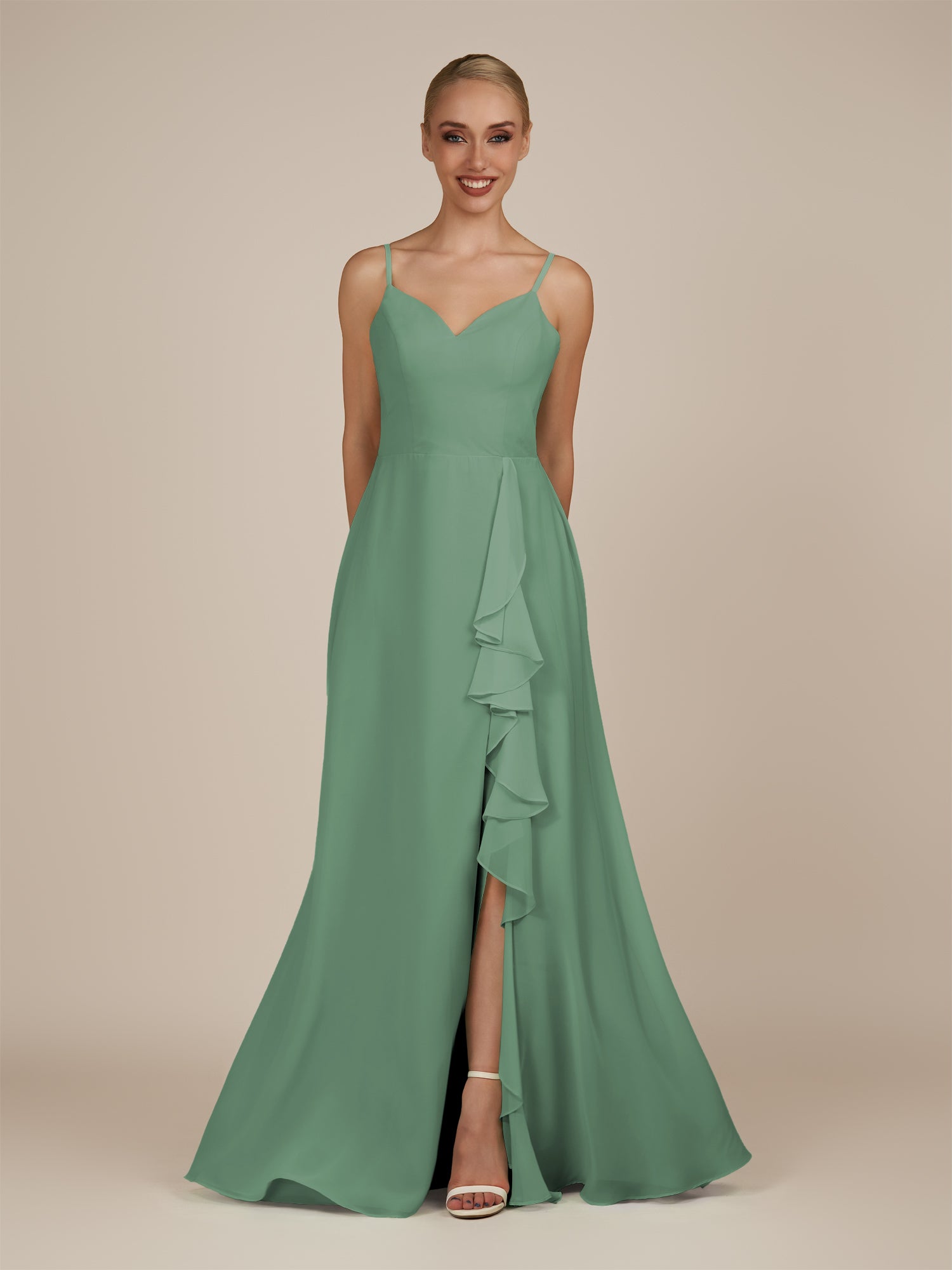KissDress-Rhonda Sea Glass Sheath Chiffon V Neck Ruffled Long Bridesmaid Dress with Slit