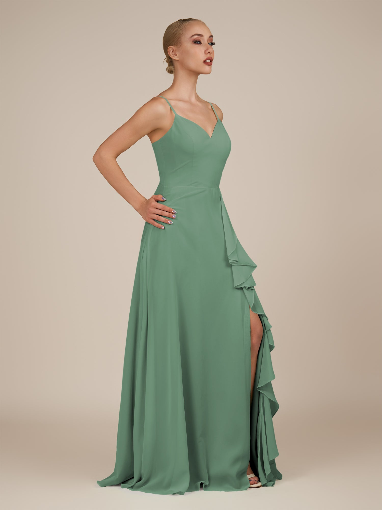 KissDress-Rhonda Sea Glass Sheath Chiffon V Neck Ruffled Long Bridesmaid Dress with Slit