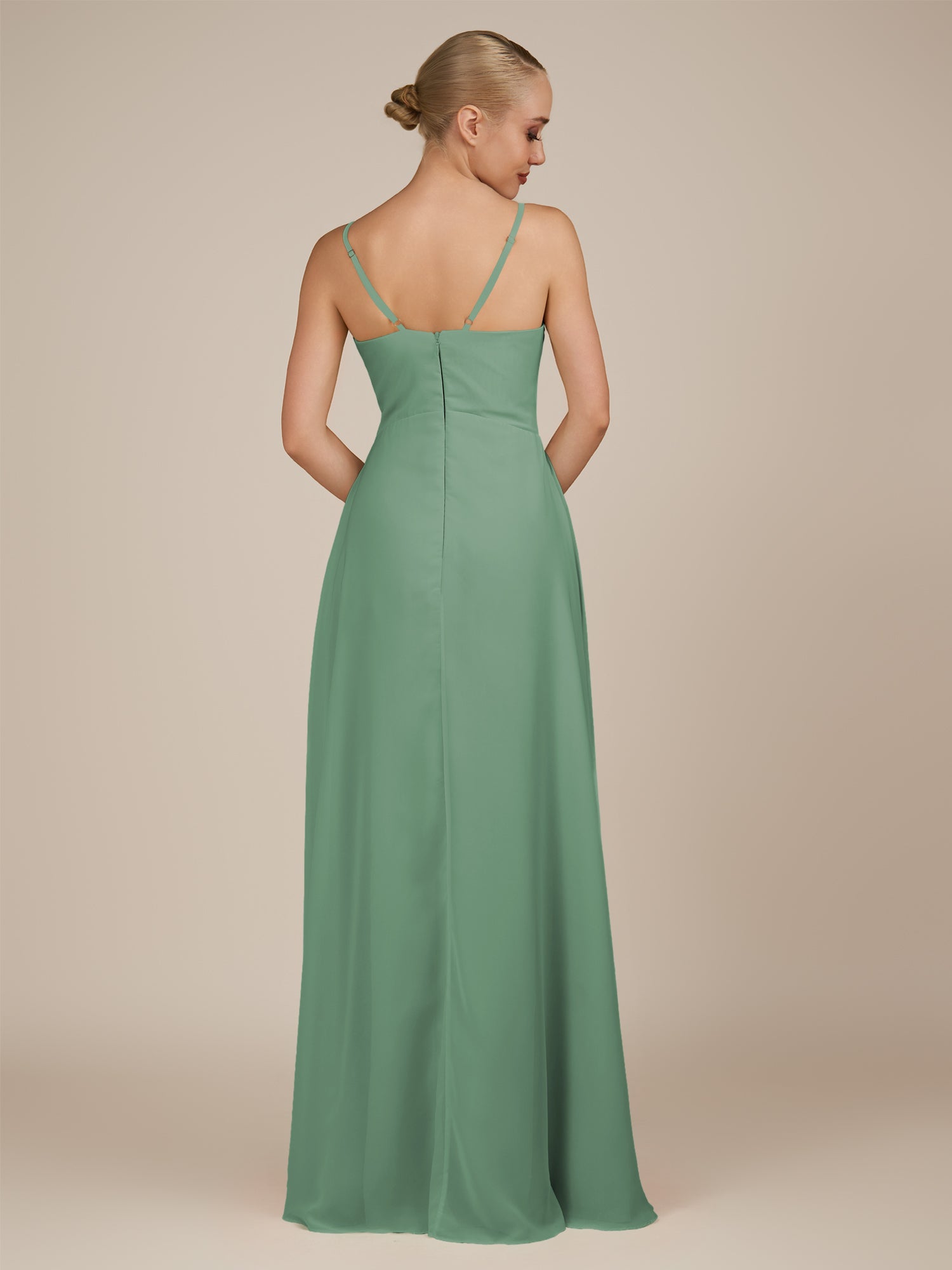 KissDress-Rhonda Sea Glass Sheath Chiffon V Neck Ruffled Long Bridesmaid Dress with Slit