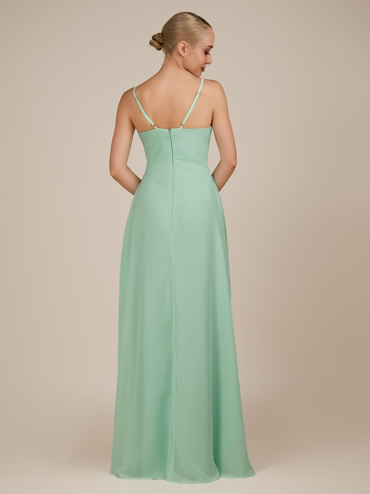 KissDress-Rhonda Pale Pistachio Sheath Chiffon V Neck Ruffled Long Bridesmaid Dress with Slit