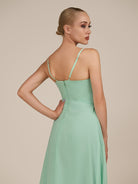 KissDress-Rhonda Pale Pistachio Sheath Chiffon V Neck Ruffled Long Bridesmaid Dress with Slit