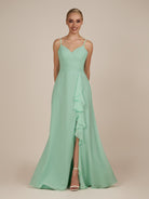 KissDress-Rhonda Pale Pistachio Sheath Chiffon V Neck Ruffled Long Bridesmaid Dress with Slit