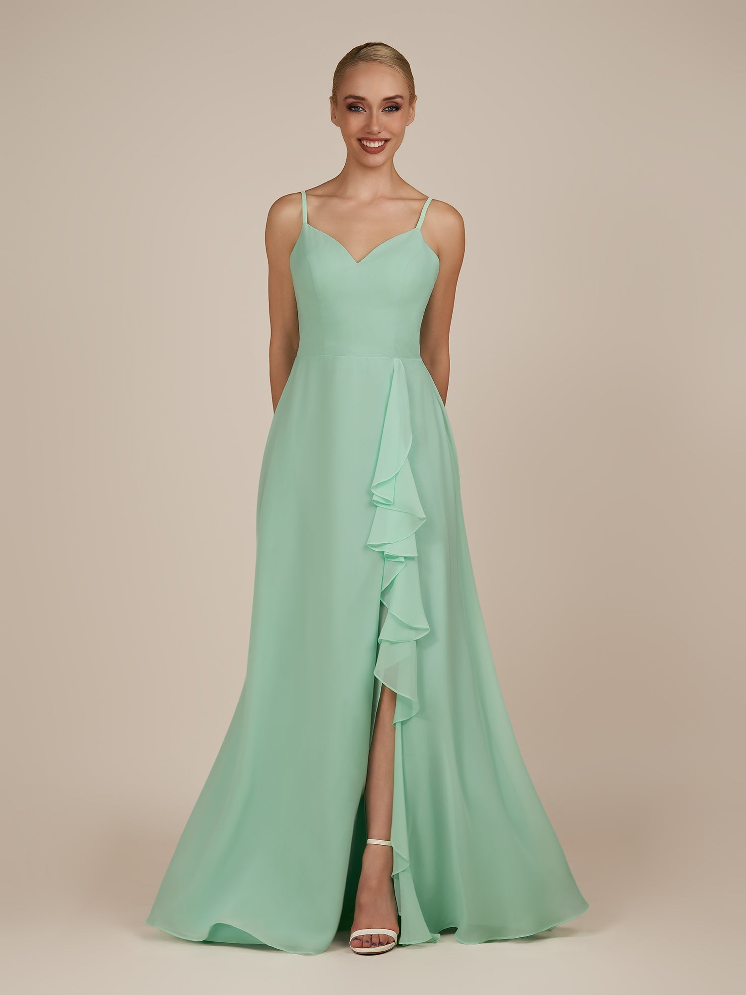 KissDress-Rhonda Pale Pistachio Sheath Chiffon V Neck Ruffled Long Bridesmaid Dress with Slit
