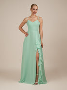 KissDress-Rhonda Pale Pistachio Sheath Chiffon V Neck Ruffled Long Bridesmaid Dress with Slit