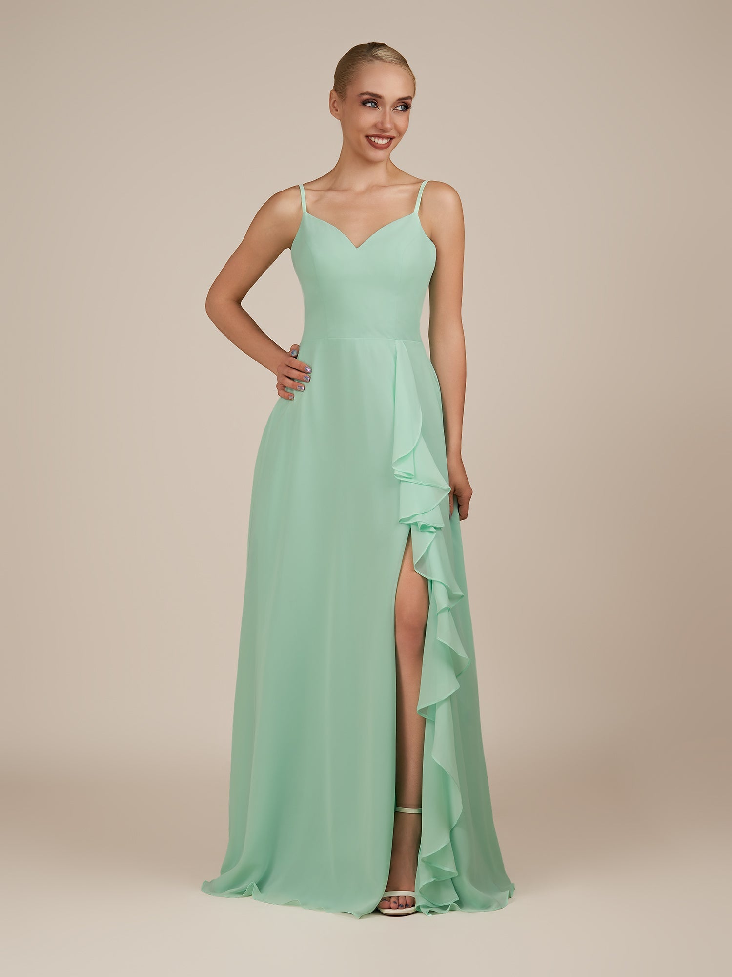 KissDress-Rhonda Pale Pistachio Sheath Chiffon V Neck Ruffled Long Bridesmaid Dress with Slit