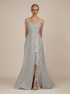 KissDress-Rhonda Silver Sheath Chiffon V Neck Ruffled Long Bridesmaid Dress with Slit