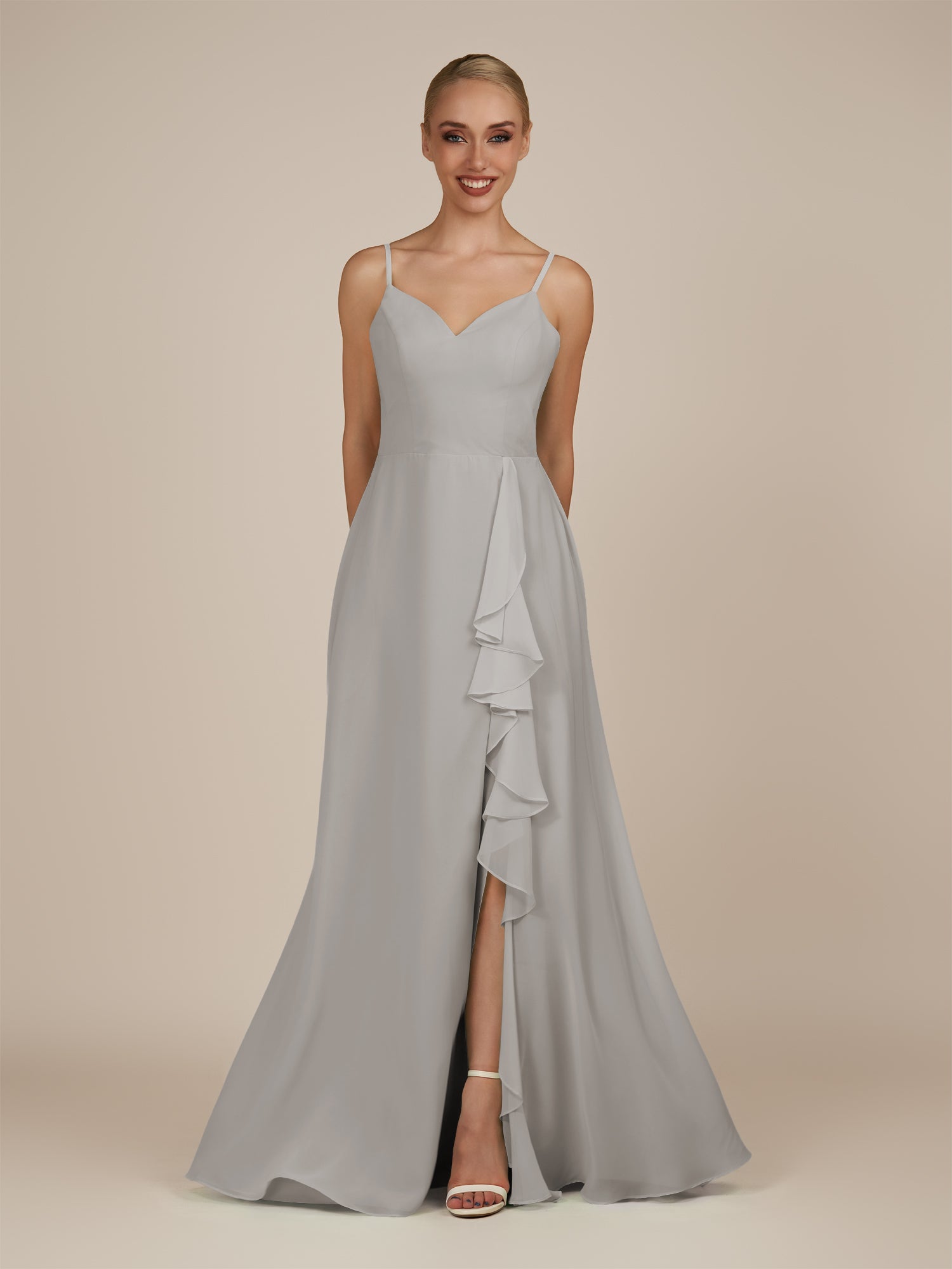 KissDress-Rhonda Silver Sheath Chiffon V Neck Ruffled Long Bridesmaid Dress with Slit