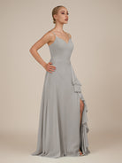 KissDress-Rhonda Silver Sheath Chiffon V Neck Ruffled Long Bridesmaid Dress with Slit