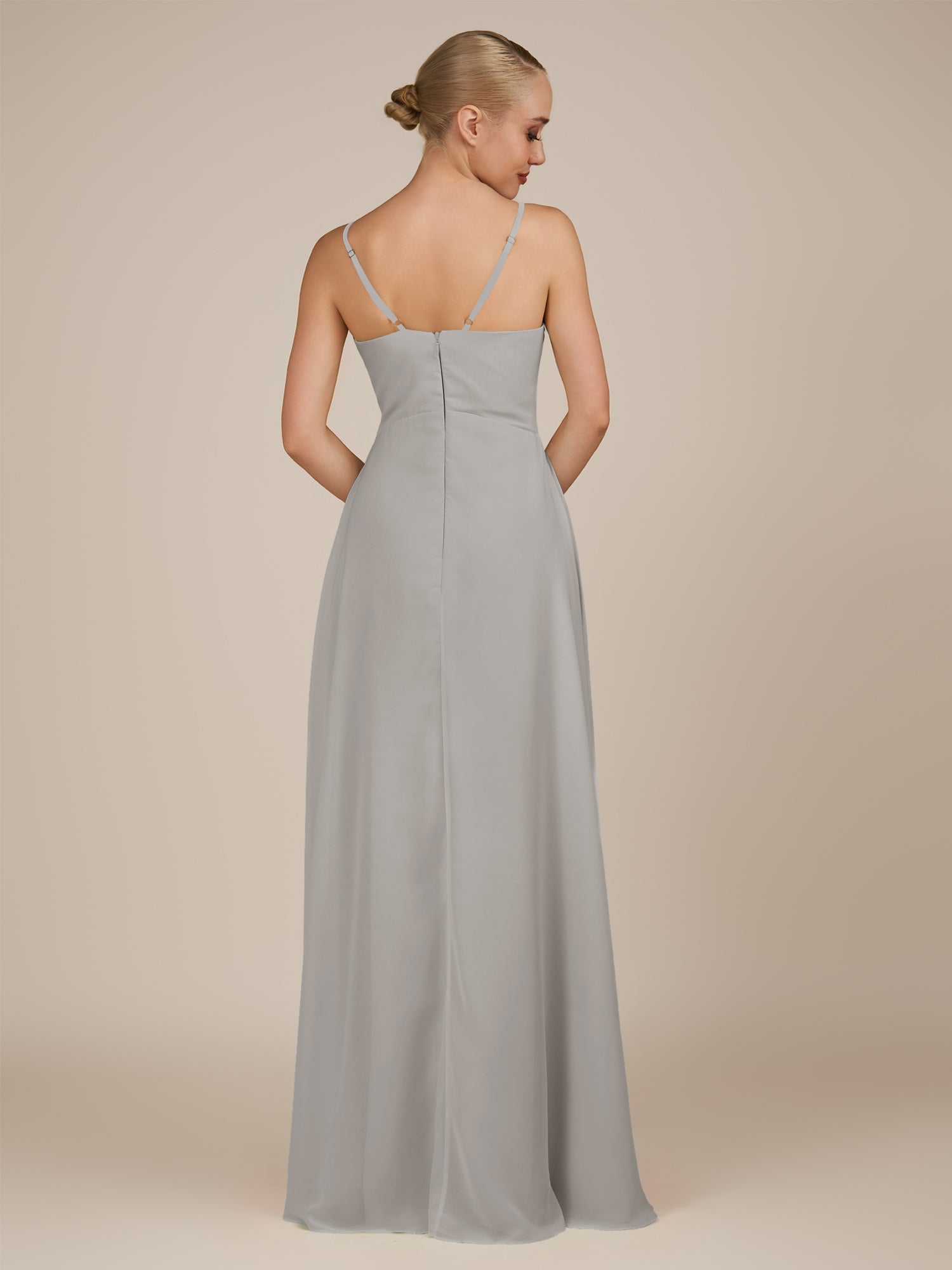 KissDress-Rhonda Silver Sheath Chiffon V Neck Ruffled Long Bridesmaid Dress with Slit