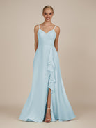 KissDress-Rhonda Sky Blue Sheath Chiffon V Neck Ruffled Long Bridesmaid Dress with Slit