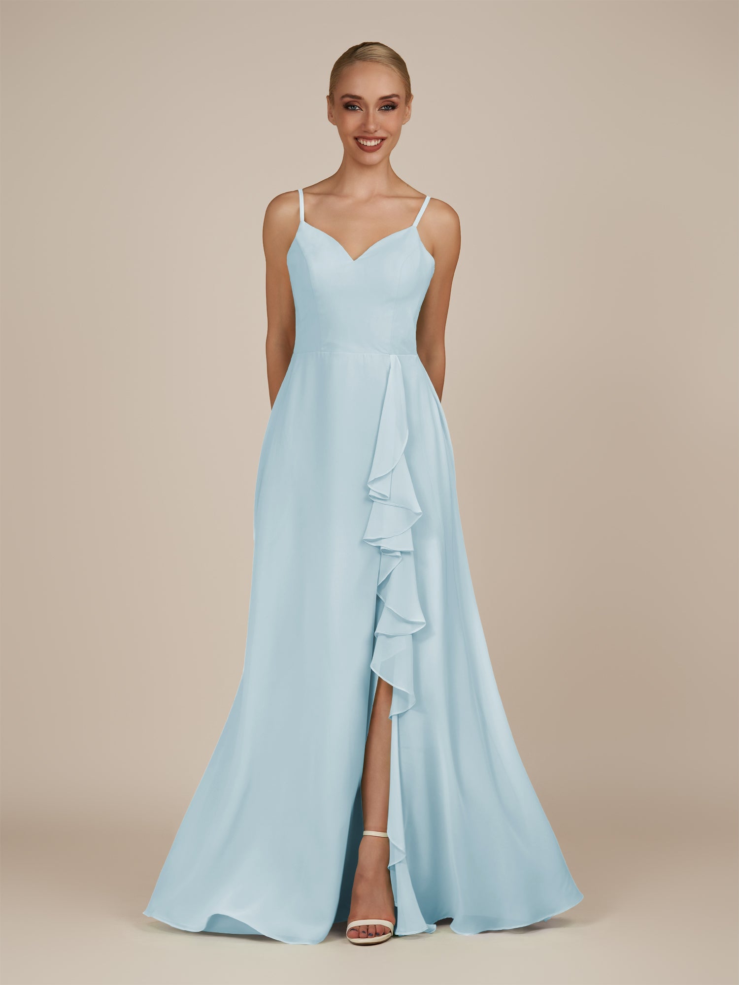 KissDress-Rhonda Sky Blue Sheath Chiffon V Neck Ruffled Long Bridesmaid Dress with Slit