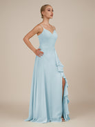 KissDress-Rhonda Sky Blue Sheath Chiffon V Neck Ruffled Long Bridesmaid Dress with Slit