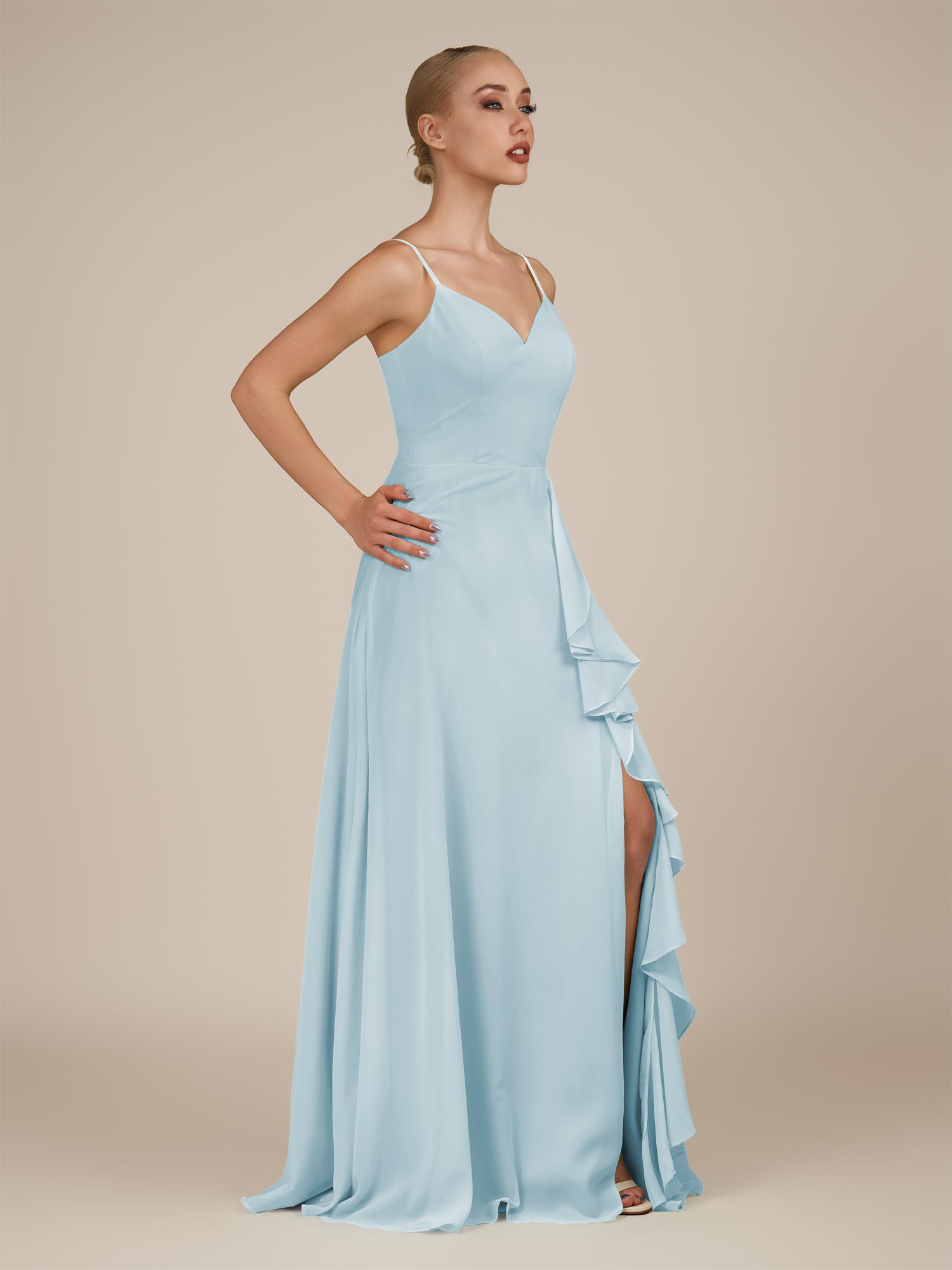 KissDress-Rhonda Sky Blue Sheath Chiffon V Neck Ruffled Long Bridesmaid Dress with Slit