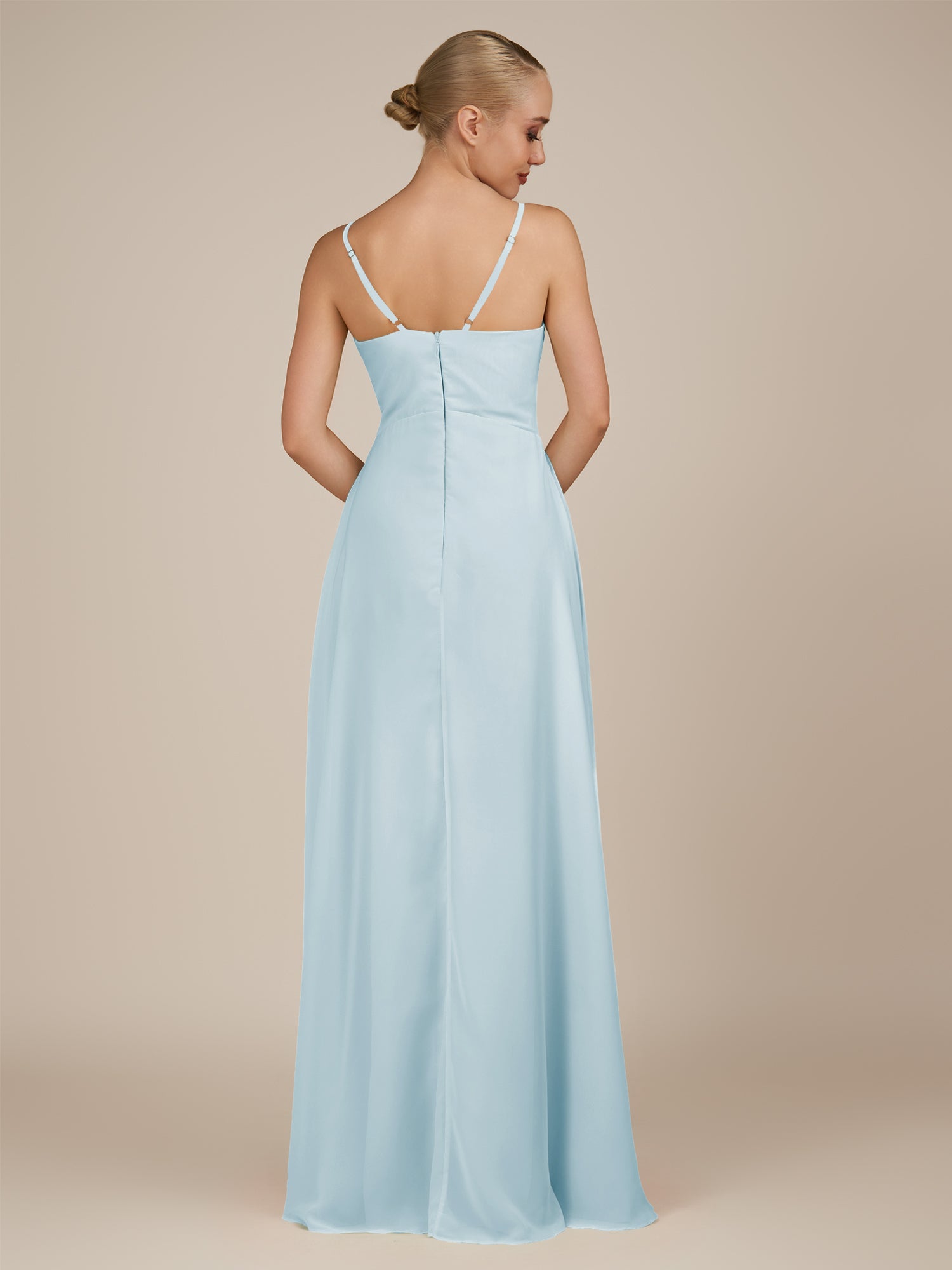 KissDress-Rhonda Sky Blue Sheath Chiffon V Neck Ruffled Long Bridesmaid Dress with Slit