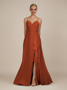 KissDress-Rhonda Spice Sheath Chiffon V Neck Ruffled Long Bridesmaid Dress with Slit