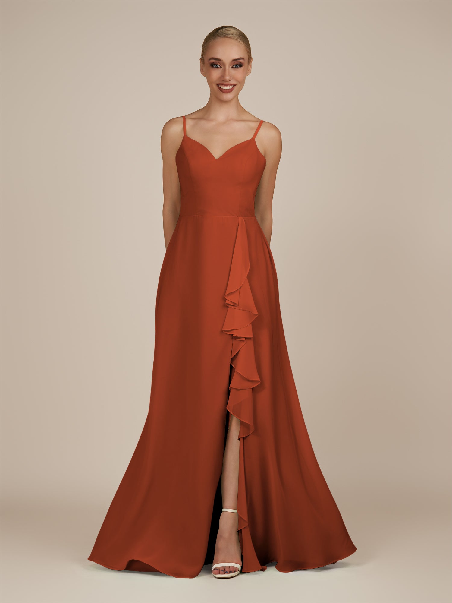 KissDress-Rhonda Spice Sheath Chiffon V Neck Ruffled Long Bridesmaid Dress with Slit