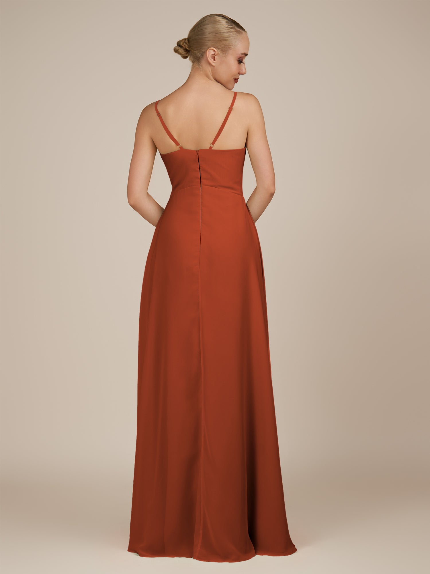 KissDress-Rhonda Spice Sheath Chiffon V Neck Ruffled Long Bridesmaid Dress with Slit
