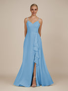KissDress-Rhonda Steel Blue Sheath Chiffon V Neck Ruffled Long Bridesmaid Dress with Slit