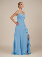 KissDress-Rhonda Steel Blue Sheath Chiffon V Neck Ruffled Long Bridesmaid Dress with Slit