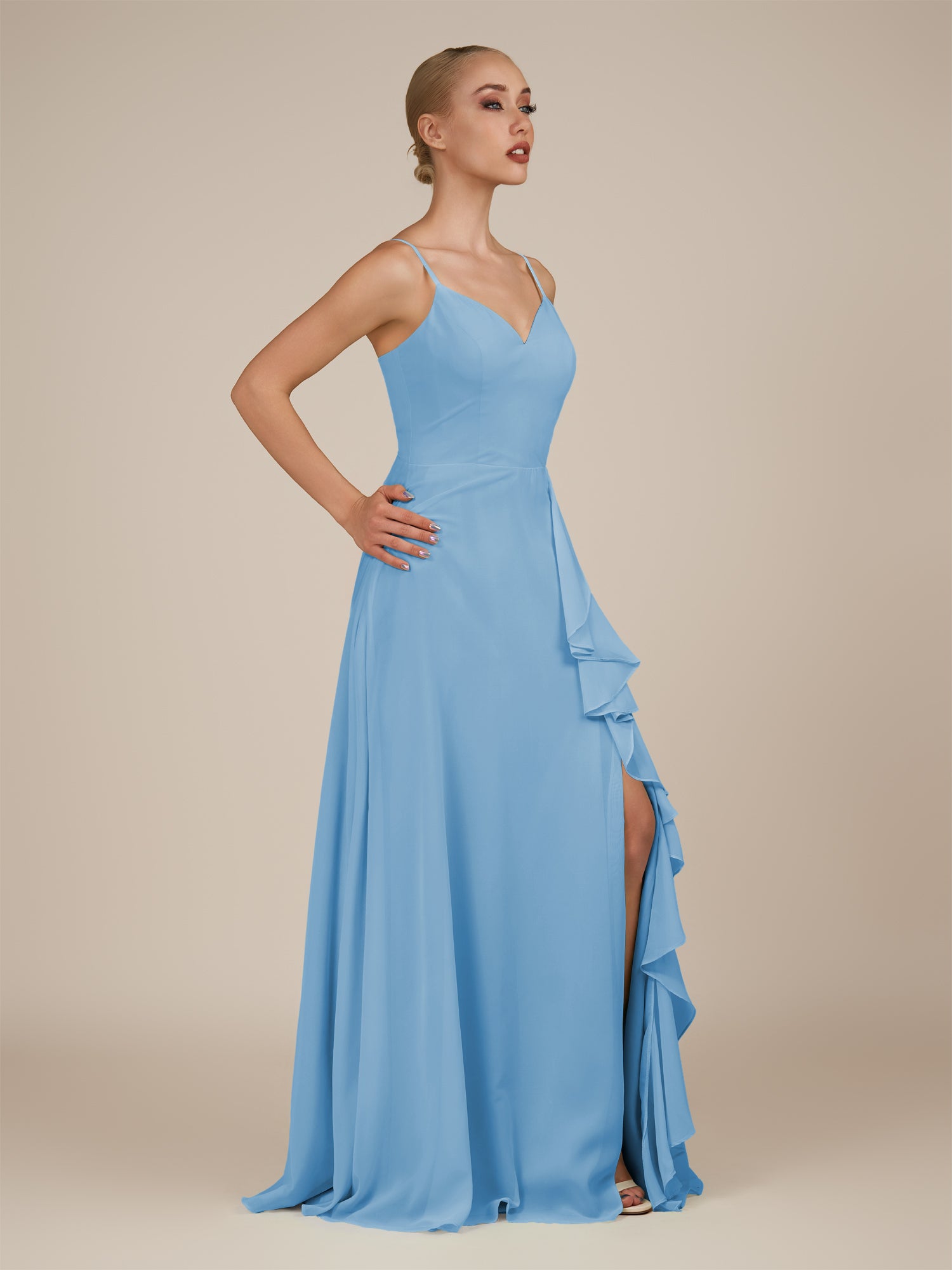 KissDress-Rhonda Steel Blue Sheath Chiffon V Neck Ruffled Long Bridesmaid Dress with Slit