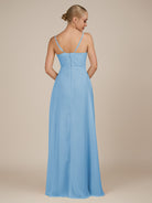 KissDress-Rhonda Steel Blue Sheath Chiffon V Neck Ruffled Long Bridesmaid Dress with Slit