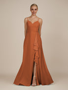 KissDress-Rhonda Terracotta Sheath Chiffon V Neck Ruffled Long Bridesmaid Dress with Slit