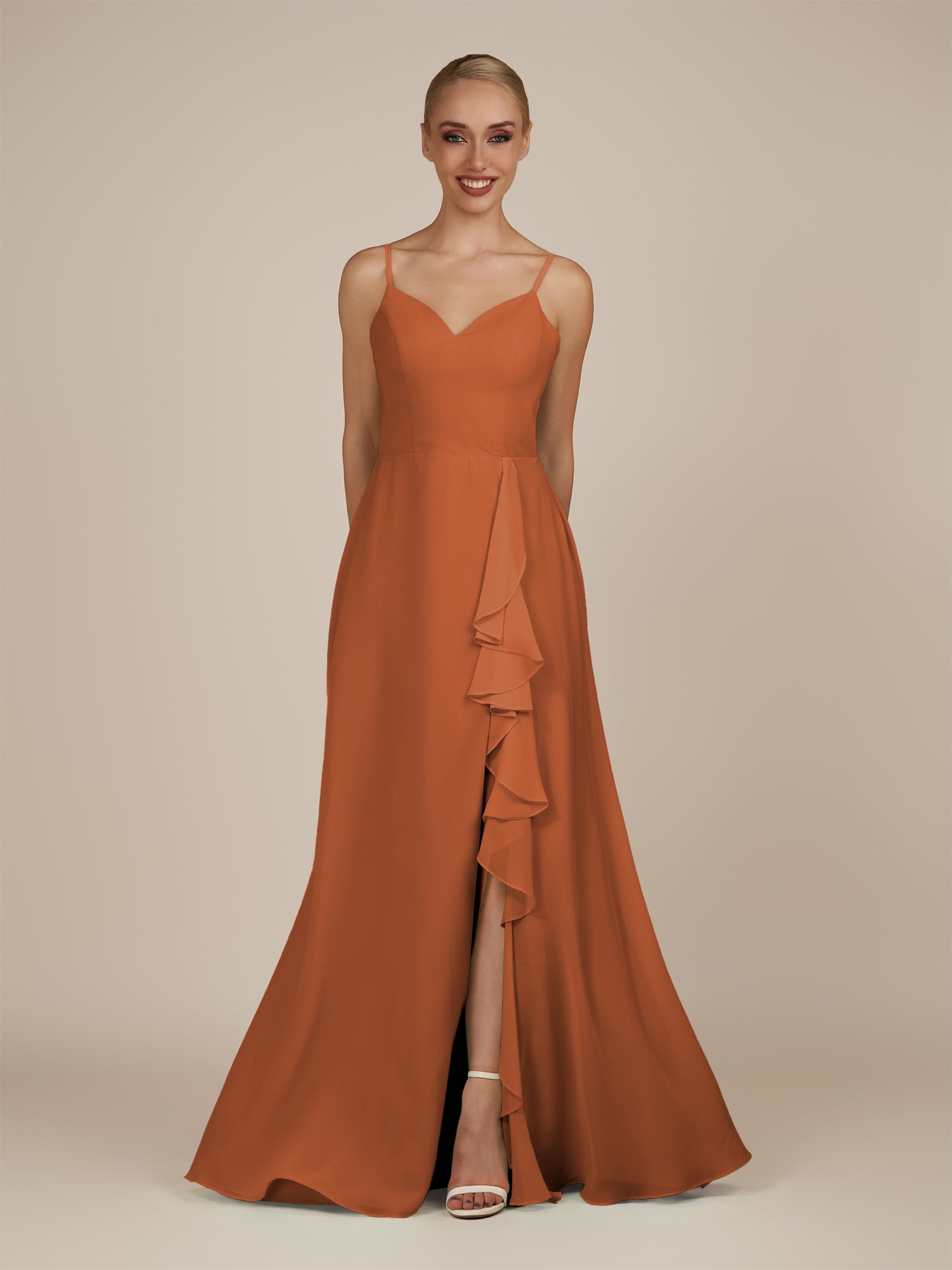 KissDress-Rhonda Terracotta Sheath Chiffon V Neck Ruffled Long Bridesmaid Dress with Slit