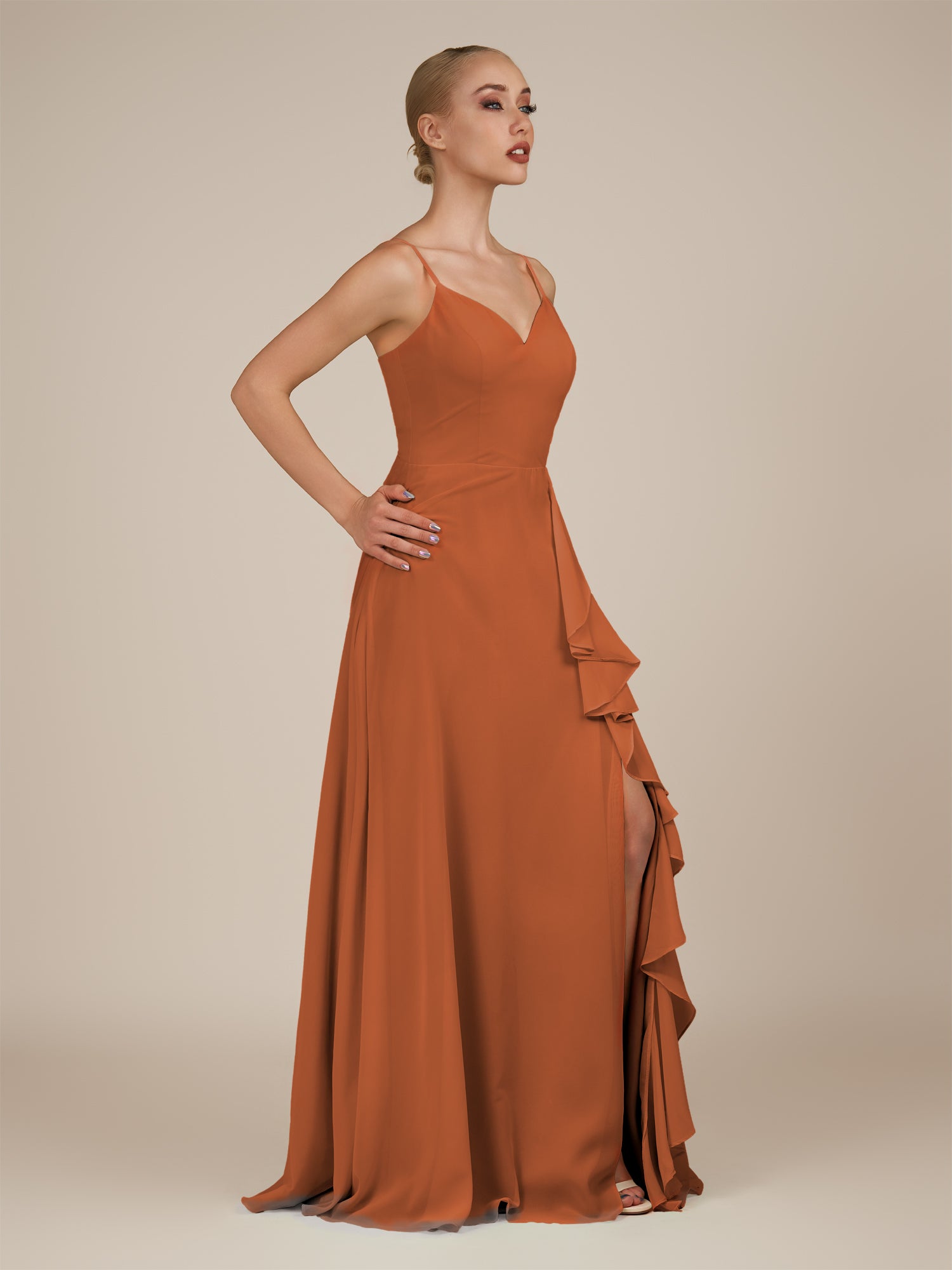 KissDress-Rhonda Terracotta Sheath Chiffon V Neck Ruffled Long Bridesmaid Dress with Slit