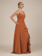 KissDress-Rhonda Terracotta Sheath Chiffon V Neck Ruffled Long Bridesmaid Dress with Slit