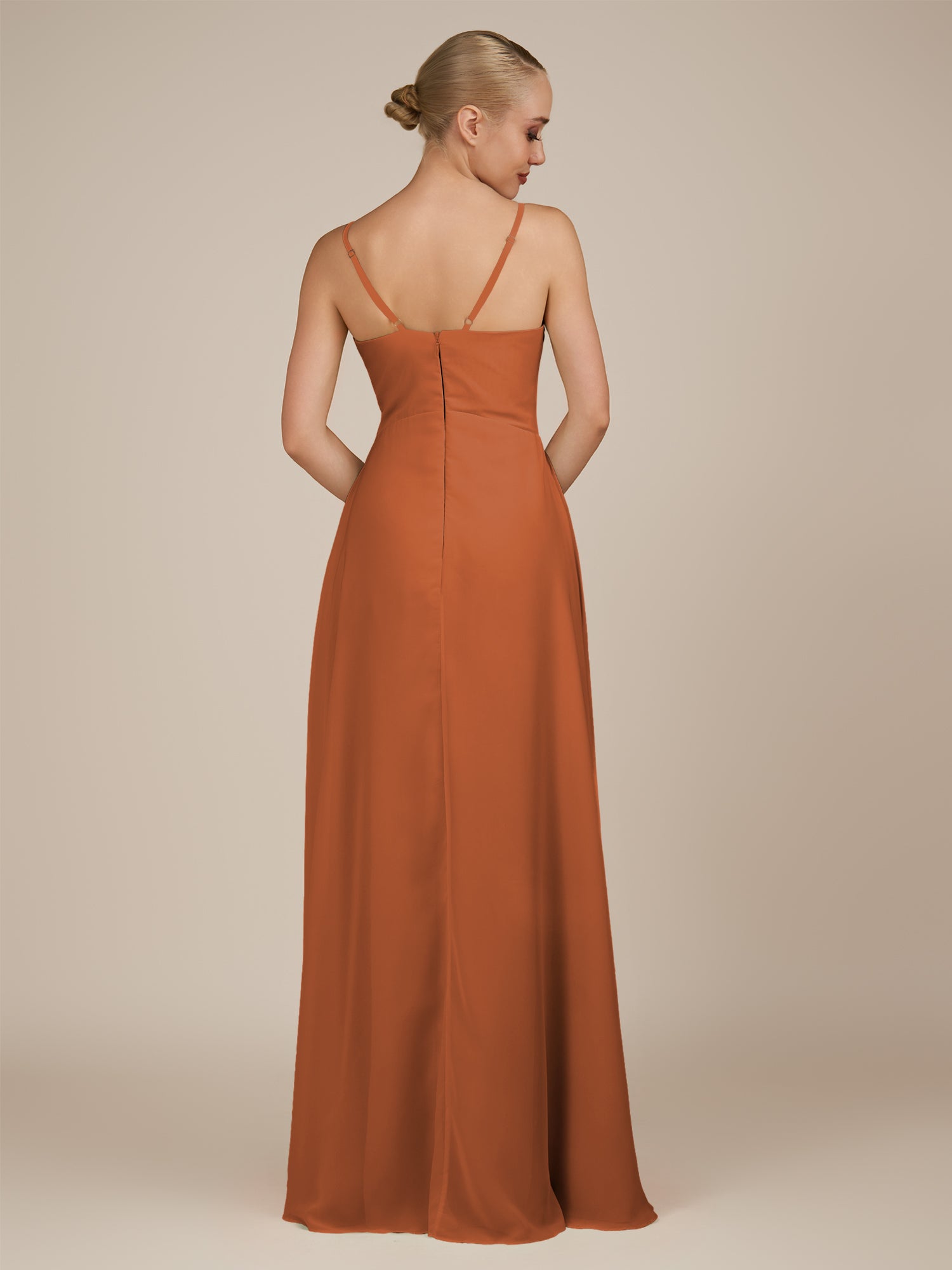 KissDress-Rhonda Terracotta Sheath Chiffon V Neck Ruffled Long Bridesmaid Dress with Slit