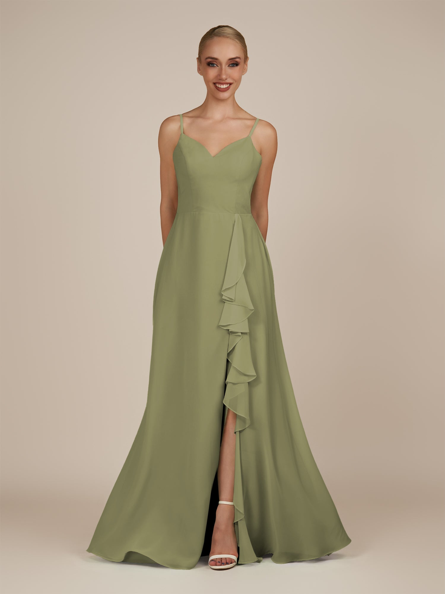 KissDress-Rhonda Thyme Sheath Chiffon V Neck Ruffled Long Bridesmaid Dress with Slit
