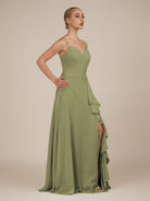 KissDress-Rhonda Thyme Sheath Chiffon V Neck Ruffled Long Bridesmaid Dress with Slit