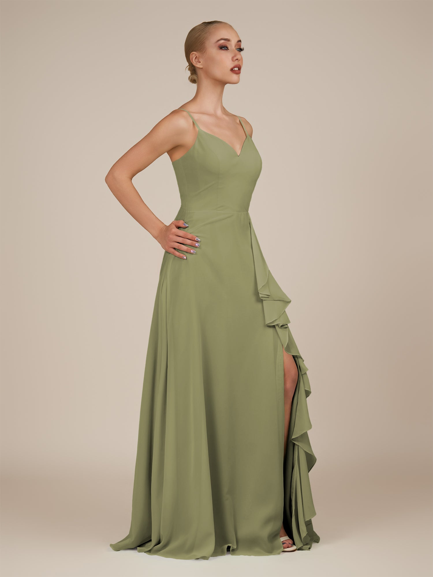 KissDress-Rhonda Thyme Sheath Chiffon V Neck Ruffled Long Bridesmaid Dress with Slit