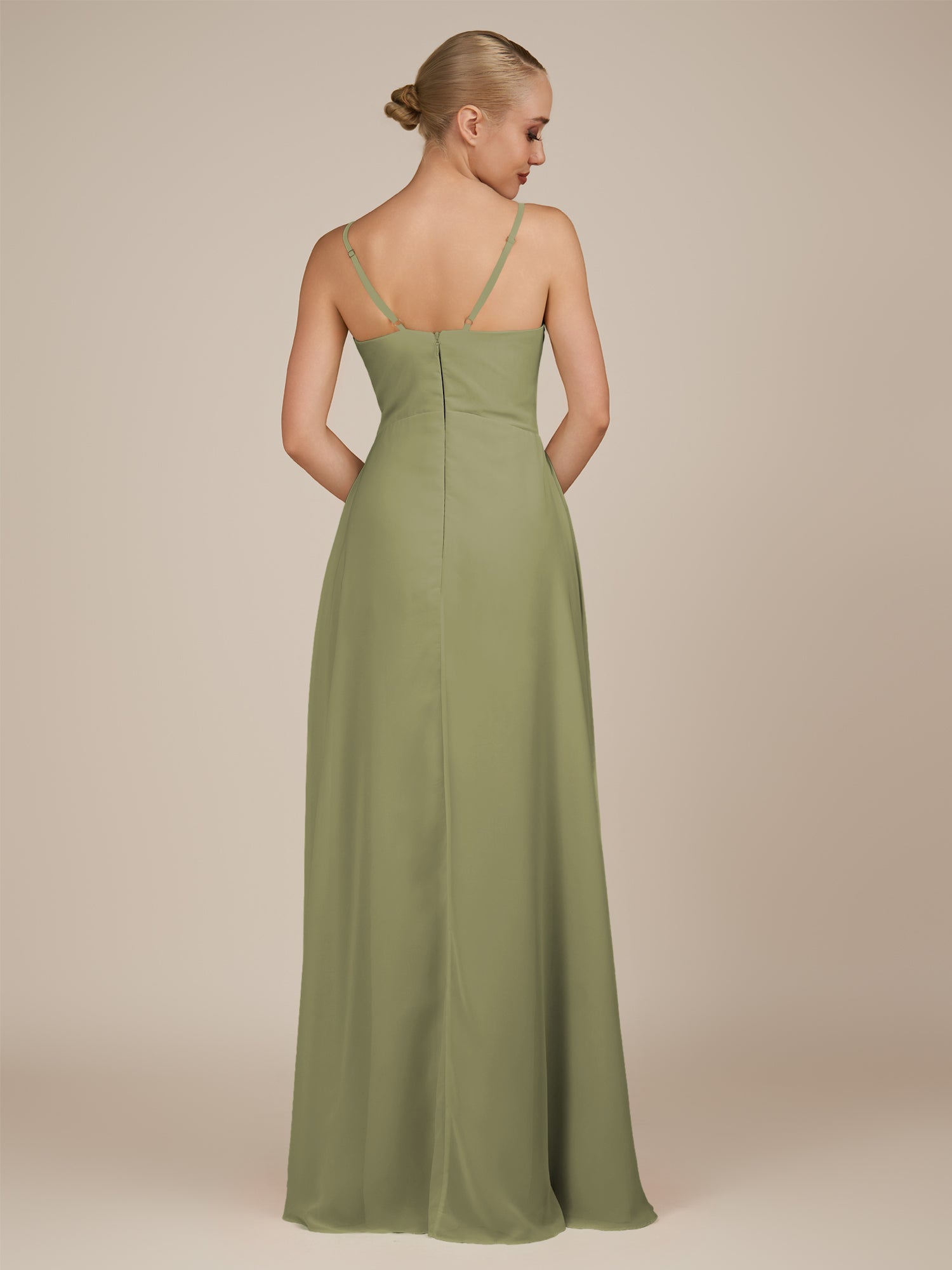 KissDress-Rhonda Thyme Sheath Chiffon V Neck Ruffled Long Bridesmaid Dress with Slit