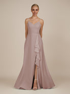 KissDress-Rhonda Toffee Sheath Chiffon V Neck Ruffled Long Bridesmaid Dress with Slit