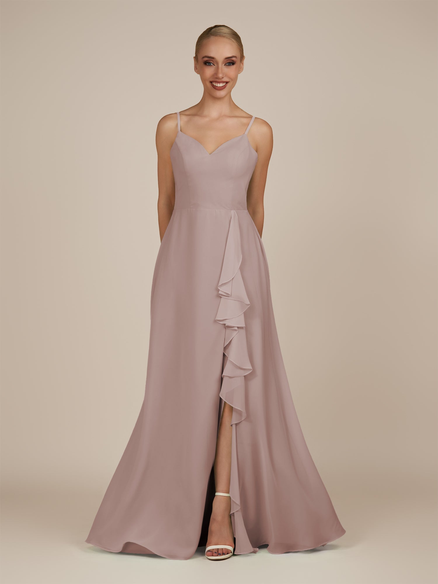 KissDress-Rhonda Toffee Sheath Chiffon V Neck Ruffled Long Bridesmaid Dress with Slit
