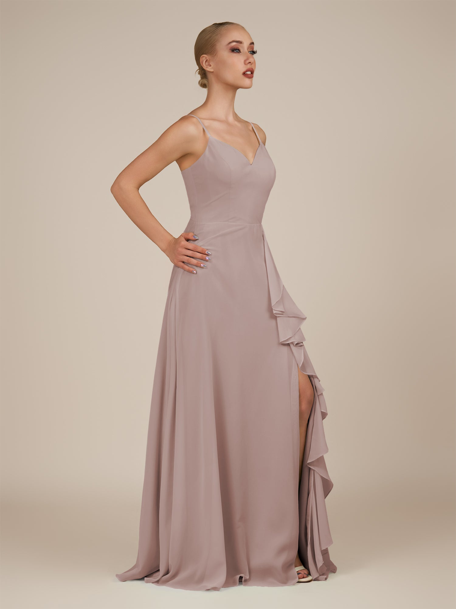KissDress-Rhonda Toffee Sheath Chiffon V Neck Ruffled Long Bridesmaid Dress with Slit