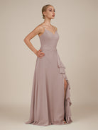 KissDress-Rhonda Toffee Sheath Chiffon V Neck Ruffled Long Bridesmaid Dress with Slit