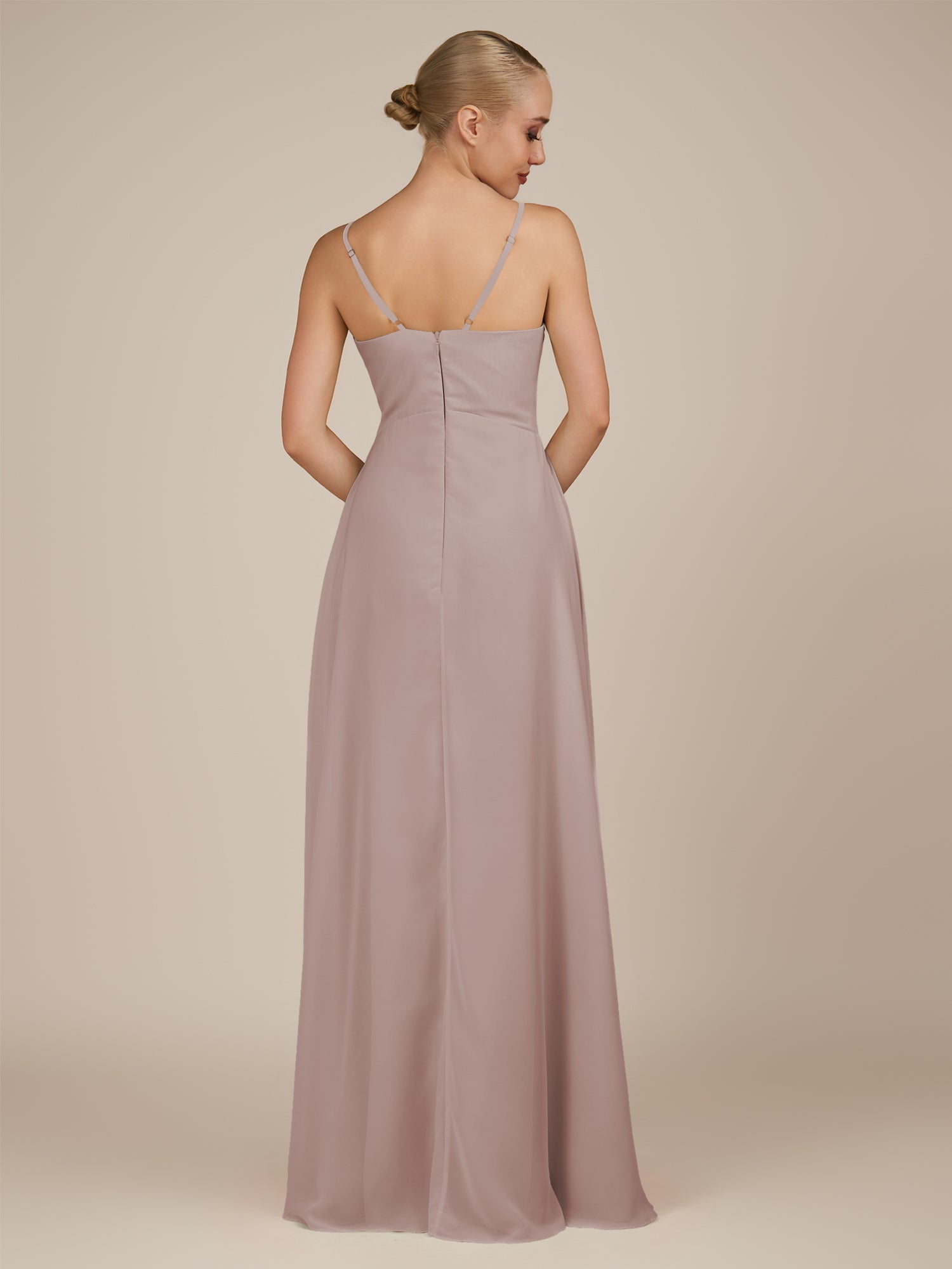 KissDress-Rhonda Toffee Sheath Chiffon V Neck Ruffled Long Bridesmaid Dress with Slit