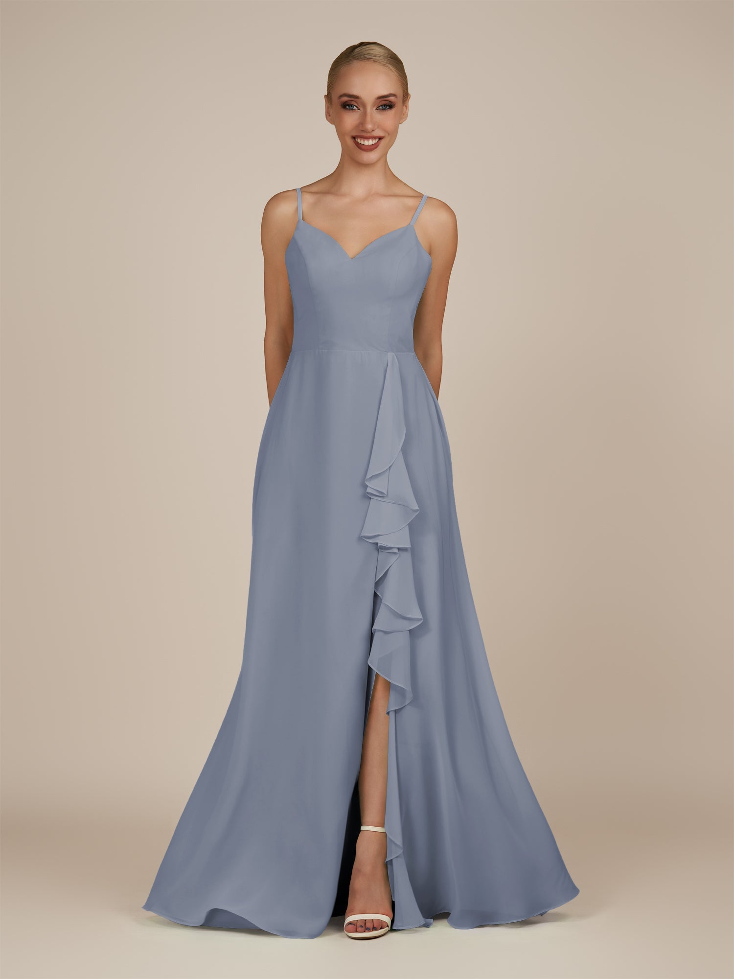 KissDress-Rhonda Twilight Sheath Chiffon V Neck Ruffled Long Bridesmaid Dress with Slit