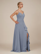 KissDress-Rhonda Twilight Sheath Chiffon V Neck Ruffled Long Bridesmaid Dress with Slit