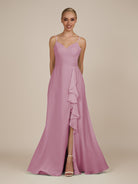KissDress-Rhonda Vintage Mauve Sheath Chiffon V Neck Ruffled Long Bridesmaid Dress with Slit