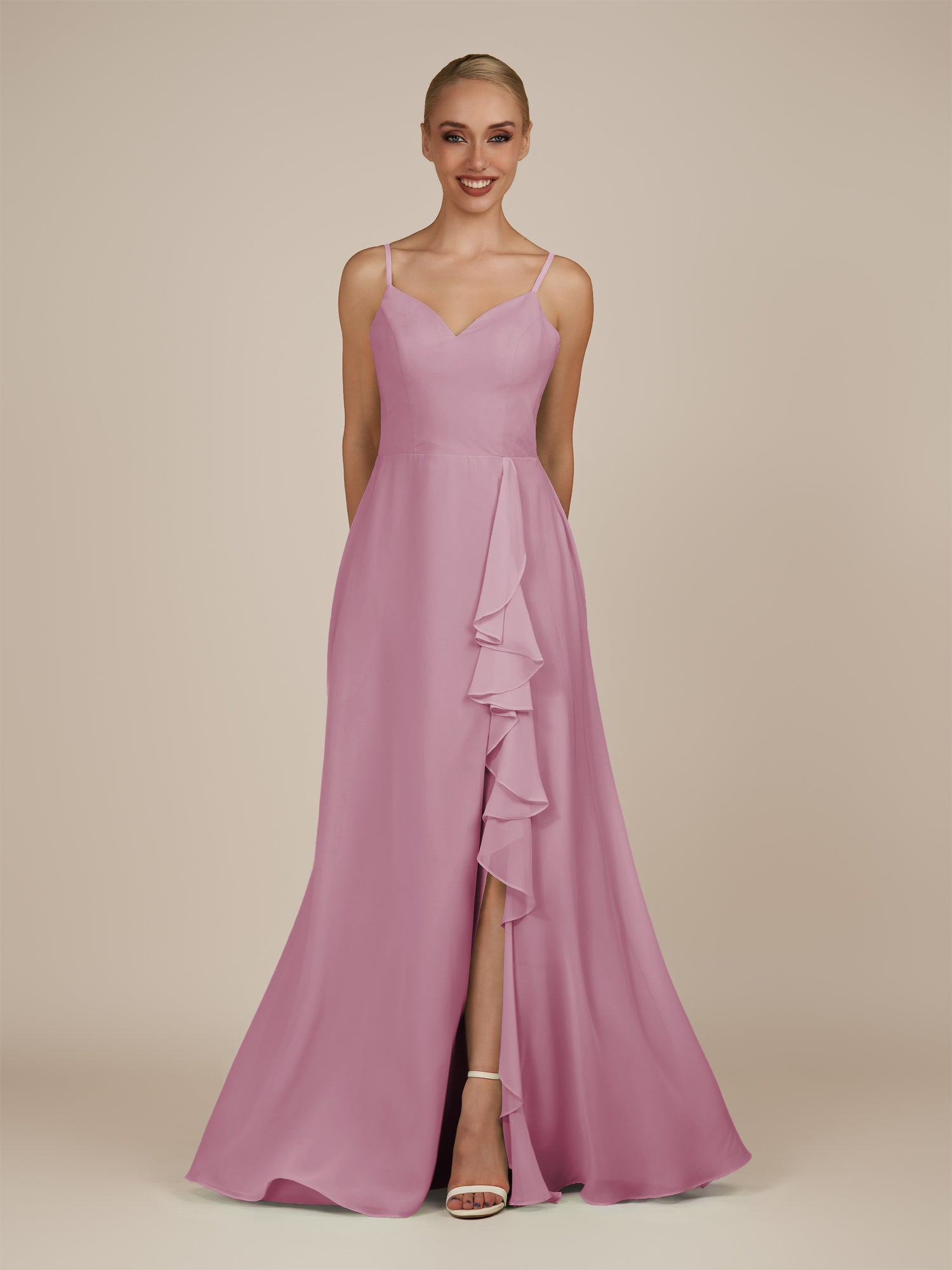KissDress-Rhonda Vintage Mauve Sheath Chiffon V Neck Ruffled Long Bridesmaid Dress with Slit