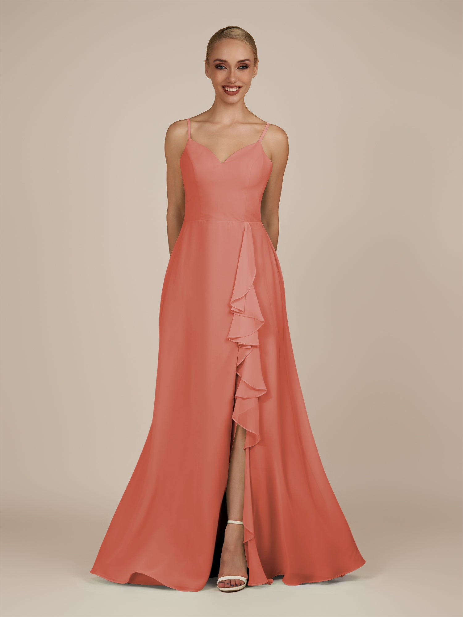 KissDress-Rhonda Wild Rose Sheath Chiffon V Neck Ruffled Long Bridesmaid Dress with Slit
