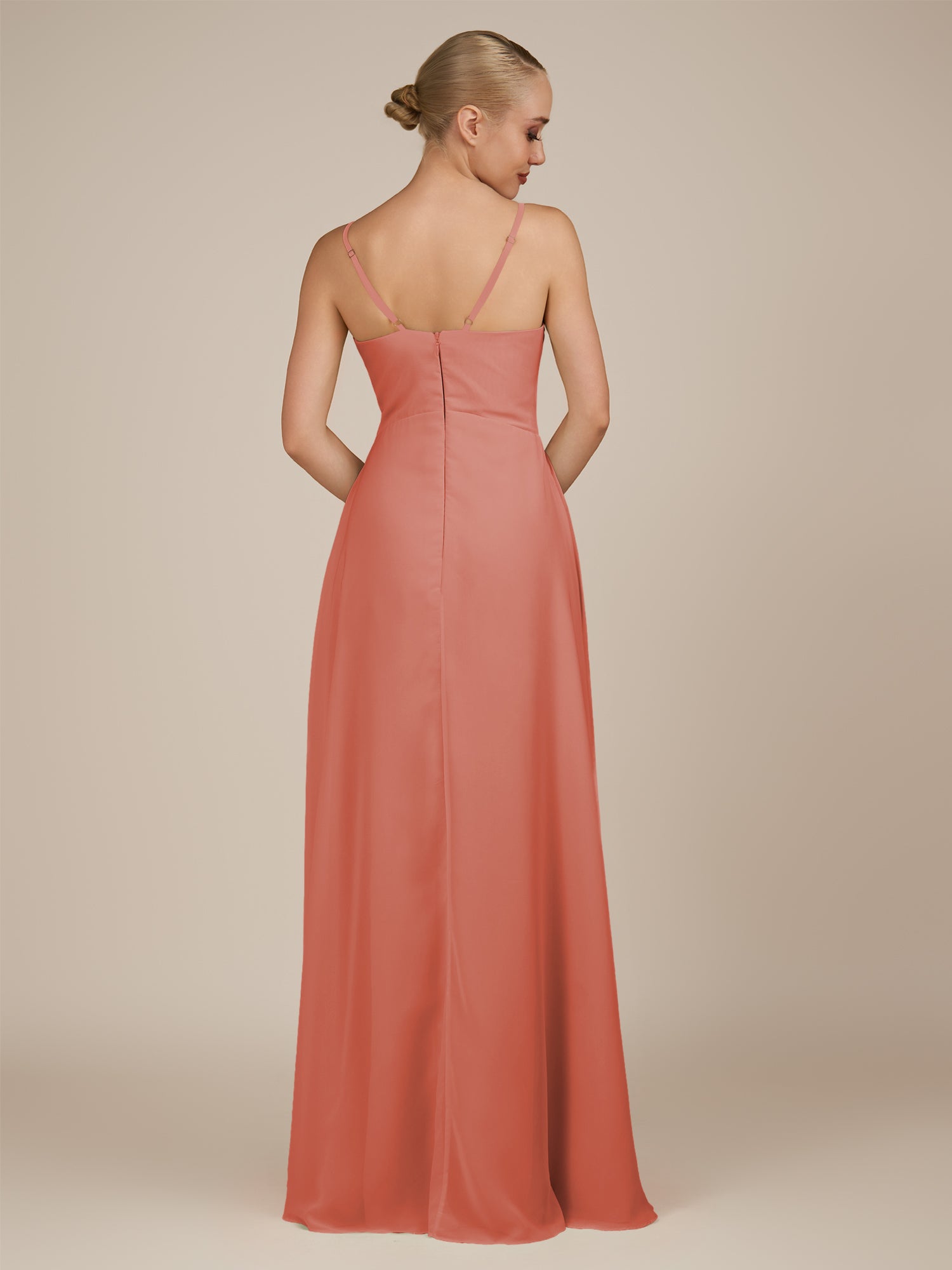 KissDress-Rhonda Wild Rose Sheath Chiffon V Neck Ruffled Long Bridesmaid Dress with Slit