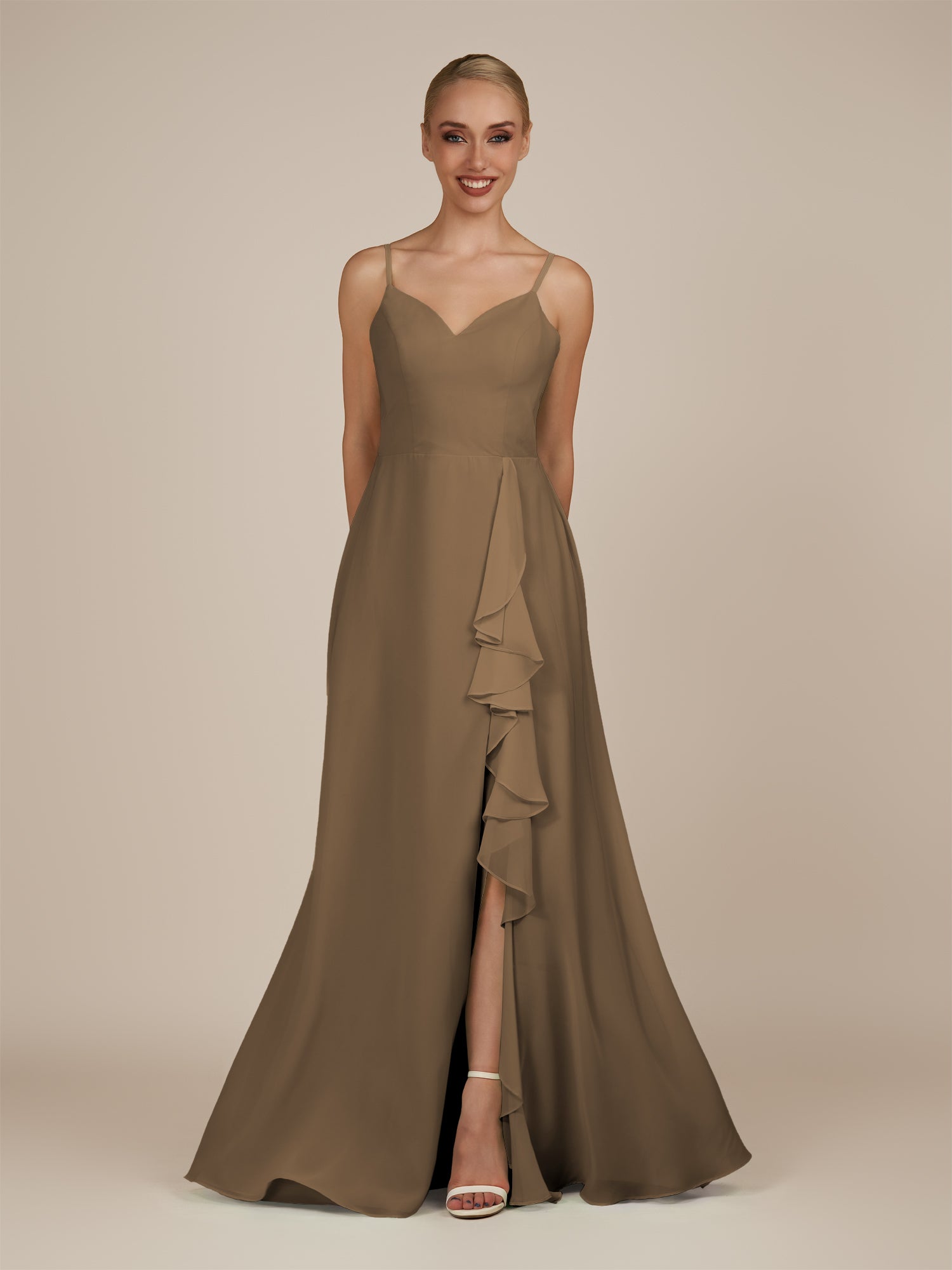 KissDress-Rhonda Willow Green Sheath Chiffon V Neck Ruffled Long Bridesmaid Dress with Slit