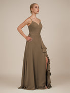 KissDress-Rhonda Willow Green Sheath Chiffon V Neck Ruffled Long Bridesmaid Dress with Slit