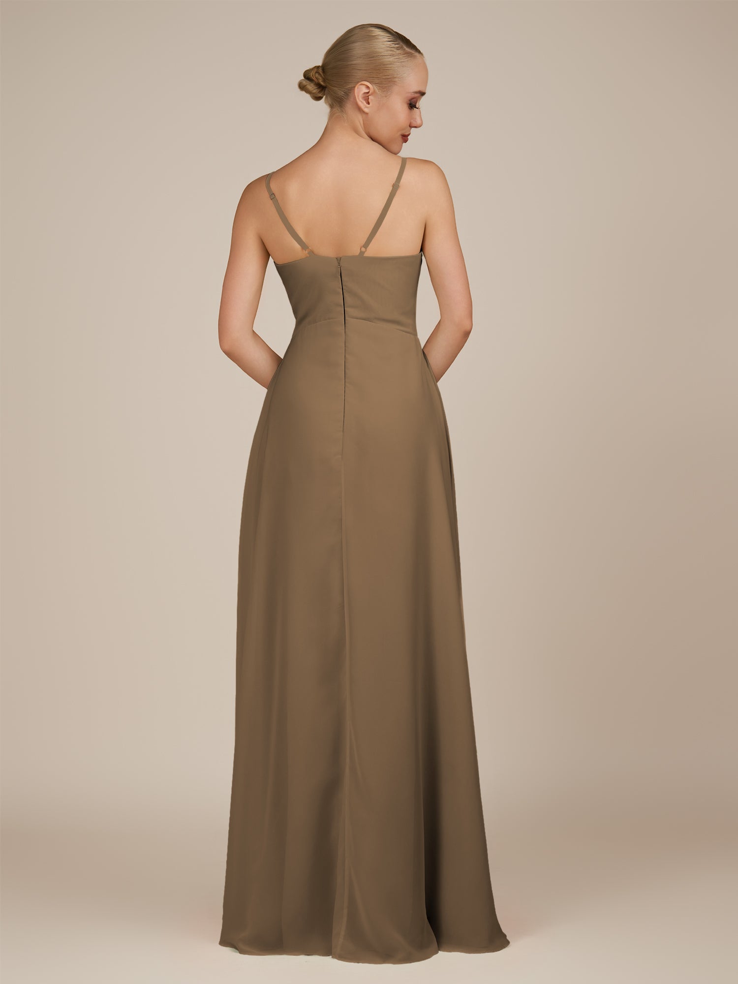 KissDress-Rhonda Willow Green Sheath Chiffon V Neck Ruffled Long Bridesmaid Dress with Slit