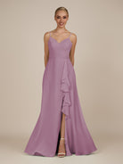 KissDress-Rhonda Wisteria Sheath Chiffon V Neck Ruffled Long Bridesmaid Dress with Slit