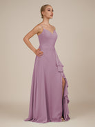 KissDress-Rhonda Wisteria Sheath Chiffon V Neck Ruffled Long Bridesmaid Dress with Slit
